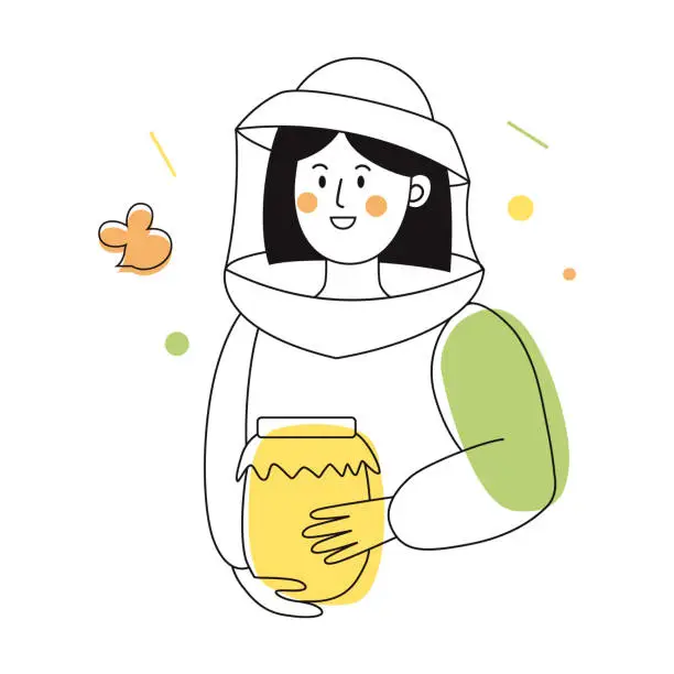 Vector illustration of Beekeeper female character in a bee protection suit with a jar of honey.