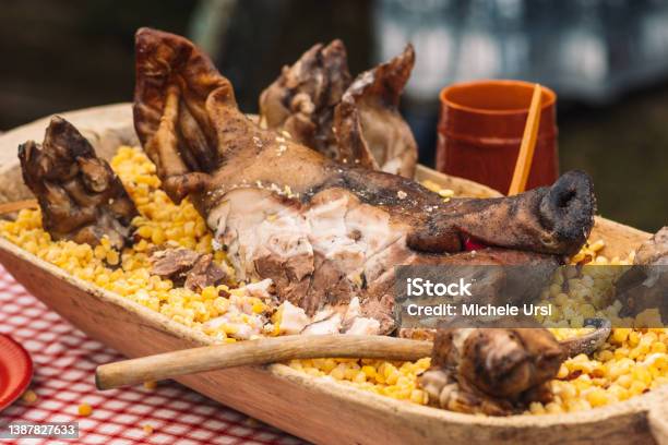 Grilled Meat Pork Head In A Wooden Traditional Plate Stock Photo - Download Image Now