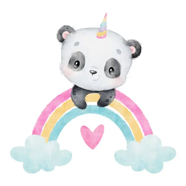 Vector illustration of Watercolor illustration of a cartoon panda unicorn on a rainbow.