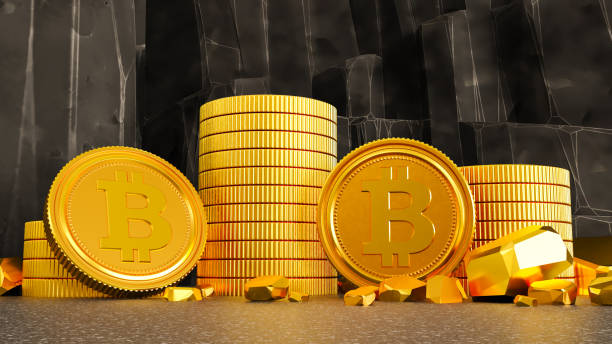 istock Bitcoin coin and mound of gold nuggets bitcoin cryptocurrency, Bitcoin mining and cryptocurrency concept with a golden coin submerged in black stones, 1387830459