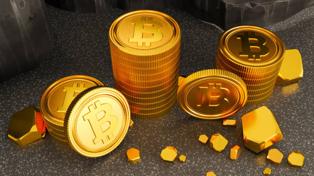istock Bitcoin coin and mound of gold nuggets bitcoin cryptocurrency, Bitcoin mining and cryptocurrency concept with a golden coin submerged in black stones, 1387830465