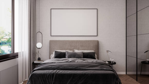 istock Modern beige bedroom design with empty white picture frame 1387831412