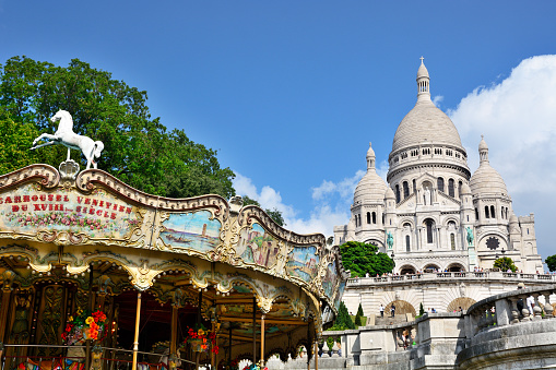 Ancient Basilica of the Sacre Coeur on Montmartre Hill, dedicated to the Sacred Heart of Jesus in Paris, France.