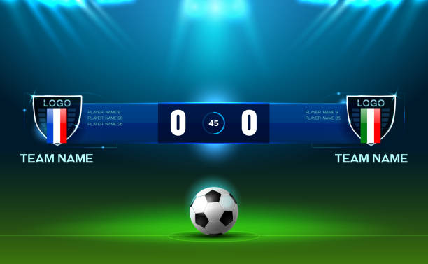 ilustrații de stoc cu fotbal stadion de fotbal lumina reflectoarelor și fundal tabela de marcaj cu lumina sclipici - portar