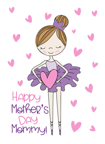 ilustrações, clipart, desenhos animados e ícones de feliz dia das mães mamãe!-fofa menina bailarina com coração. - ballet little girls child fairy