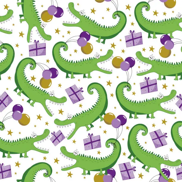 Vector illustration of Birthday alligator seamless pattern