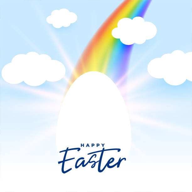 illustrations, cliparts, dessins animés et icônes de carte de pâques heureuse avec arc-en-ciel coloré et nuages de ciel - eggs animal egg sky rainbow