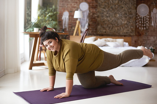 Cheerful self determined young woman with curvy body and hair knot exercising indoors on yoga mat strengthening muscles, keeping both hands and knee on floor, raising one leg and smiling joyfully