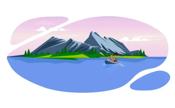 Vector illustration of The adventure of a young woman kayaking with her backpacks and equipments