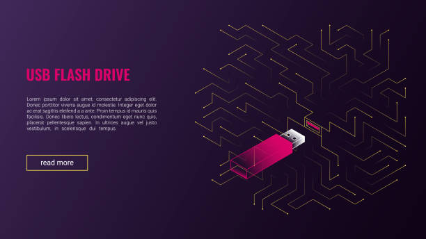 Vector isometric illustration, usb flash drive against the background of lines in the style of computer chips Vector isometric illustration, usb flash drive against the background of lines in the style of computer chips. Design template for web banner, landing page. Copyspace. storage device stock illustrations