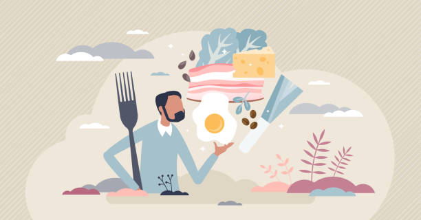 Atkins diet as low carbs consumption and keto food eating tiny person concept Atkins diet as low carbs consumption and keto food eating tiny person concept. Weight loss meals with vegetables and meat as dietary lifestyle for balanced carbohydrate balance vector illustration. atkins diet stock illustrations