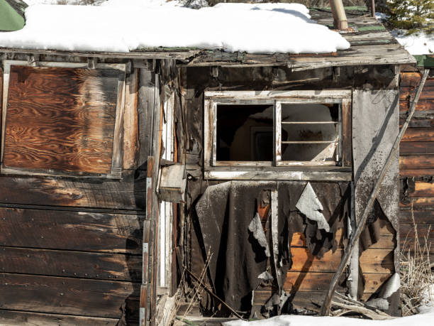 istock Abstract weathered dilapidated tarpaper shack side in winter 1387844994