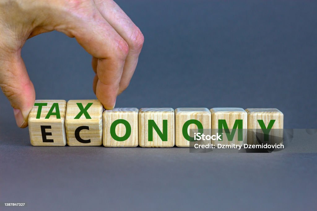 Taxonomy or economy symbol. Businessman turns cubes, changes the word economy to taxonomy. Beautiful grey table, grey background, copy space. Business, ecology and taxonomy or economy concept. Environmental Conservation Stock Photo