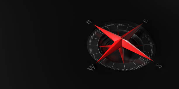 Red modern compass on black background with copy space for text or design.3d rendering stock photo