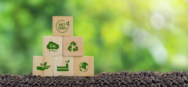 istock Carbon neutral and net zero concept natural environment Climate-neutral long-term strategy greenhouse gas emissions targets Wooden block with green net center icon and world save icon on green background. 1387848874