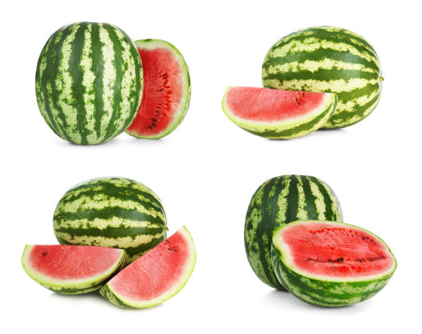 istock Set of fresh watermelons on white background 1387857723