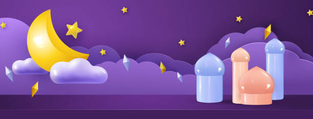 istock Ramadan Kareem holiday design. Crescent moon background with star, arabesques and clouds. Stage studio for promotional products. Festive banner, poster. Vector 1387858729