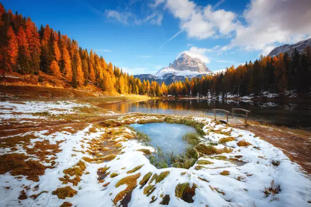 Photo of Scenic image of the lake Antorno in National Park Tre Cime di Lavaredo. Location Dolomiti alps, Italy, Europe.