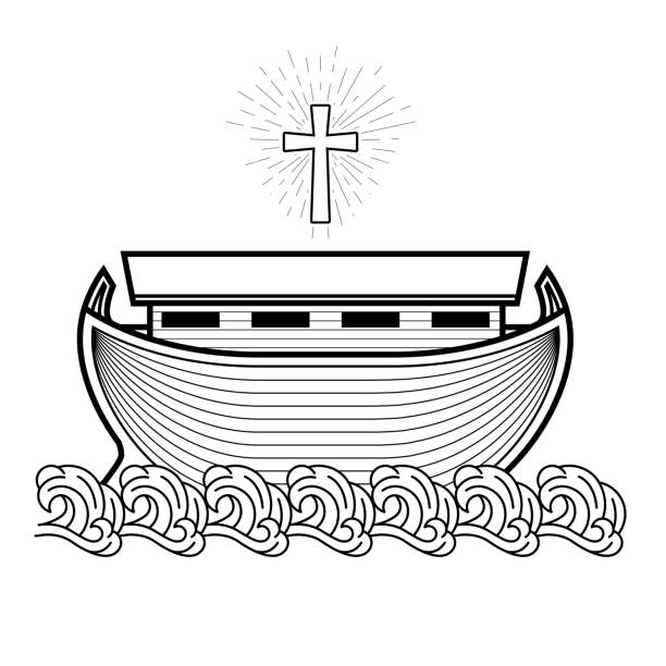 die arche noah auf wellen, biblisches holzschiff und kruzifix, flutrettendes heiliges boot, vektor - ark noah flood rescue stock-grafiken, -clipart, -cartoons und -symbole