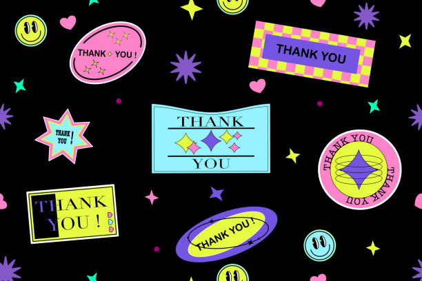 Thank You Cool trendy shamelessly pattern retro stickers.Thanks lettering illustration vector design. Funky, hipster retrowave stickers in geometric shapes. With Retro Stickers Vector Design. Thank You Cool trendy shamelessly pattern retro stickers.Thanks lettering illustration vector design. Funky, hipster retrowave stickers in geometric shapes. With Retro Stickers Vector Design. 1970 pictures stock illustrations