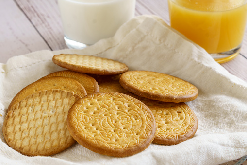 Cookies, soy milk and juice for breakfast. Healthy food