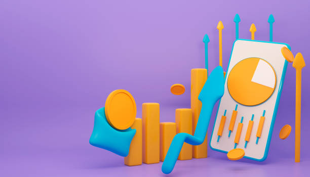 istock Growth stock chart up statistics, asset growth over time. Phone, arrow, coins, envelope, rocket, graph. Positive trend. The growth of the world economy. 3d rendering illustration on purple background. 1387862742