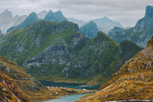Mountains landscape Lofoten islands in Norway aerial view travel scenery rocks and fjord scandinavian nature