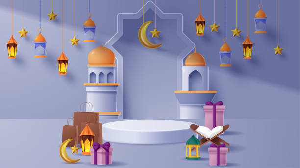 islamisches display podium dekoration hintergrund mit islamischem ornament. vektor 3d illustration - 6721 stock-grafiken, -clipart, -cartoons und -symbole