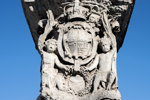 Architectural detail on Charles I Monument (cast in 1633 by Hubert Le Sueur and erected in this position in 1675)
