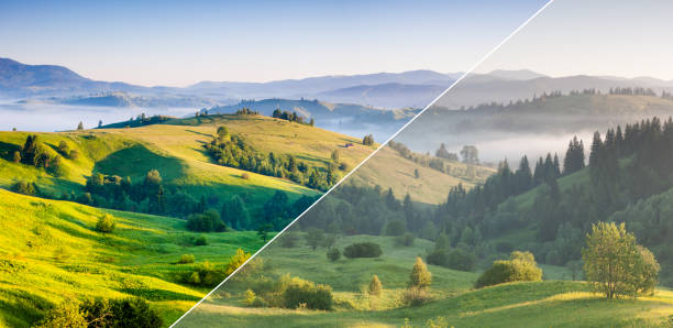 istock Beautiful rolling countryside around a farm. Images before and after. 1387867182