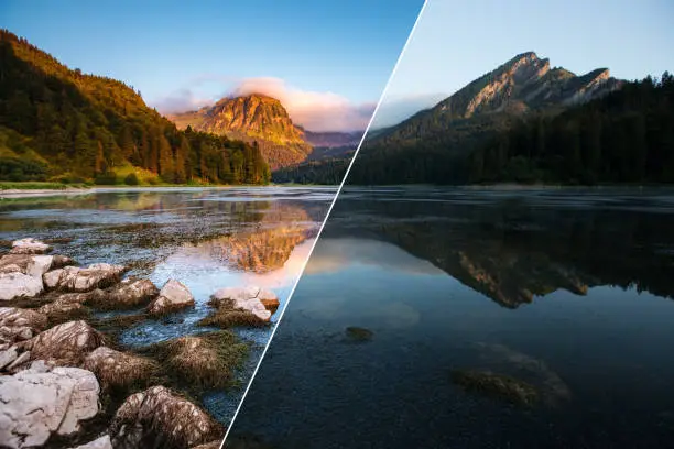 Amazing view of lake Obersee at twilight. Location place Nafels, Mt. Brunnelistock, Swiss alps, Europe. Beauty of earth. Images before and after. Original or retouch, example of photo editing process.