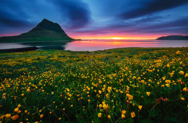 gran amanecer sobre el océano atlántico. ubicación islandia, europa. - snaefellsnes fotografías e imágenes de stock