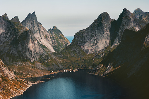 Lofoten islands in Norway landscape Reinebringen mountain aerial view travel scenery rocks and fjord scandinavian nature