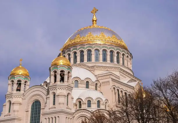 The dome of the beautiful St. Nicholas Naval Cathedral in Kronstadt in the Byzantine style