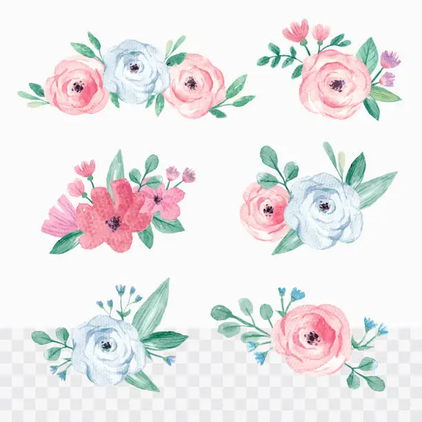 Vector illustration of Set of watercolor leaves and flowers wreath