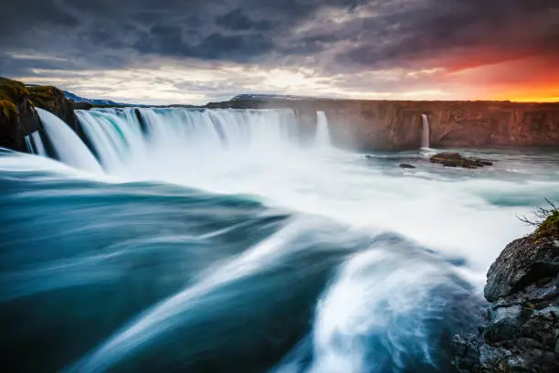 Photo of Amazing view of powerful Godafoss cascade. Location Skjalfandafljot river, Iceland.