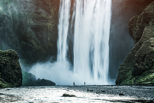 Powerful stream of the famous Skogafoss waterfall. Location place Skoga river, Iceland, Europe. Scenic image of popular tourist attraction. Travel destination concept. Discover the beauty of earth.