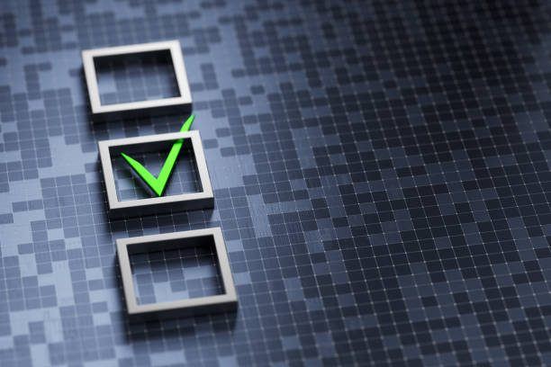Green tick in a selection frame. Doing the right choice. Opinion poll. Democratic institutions voting to democratic elections, referendum. Confirmation, testing test. Examination. Implementation of the law. 3D render.