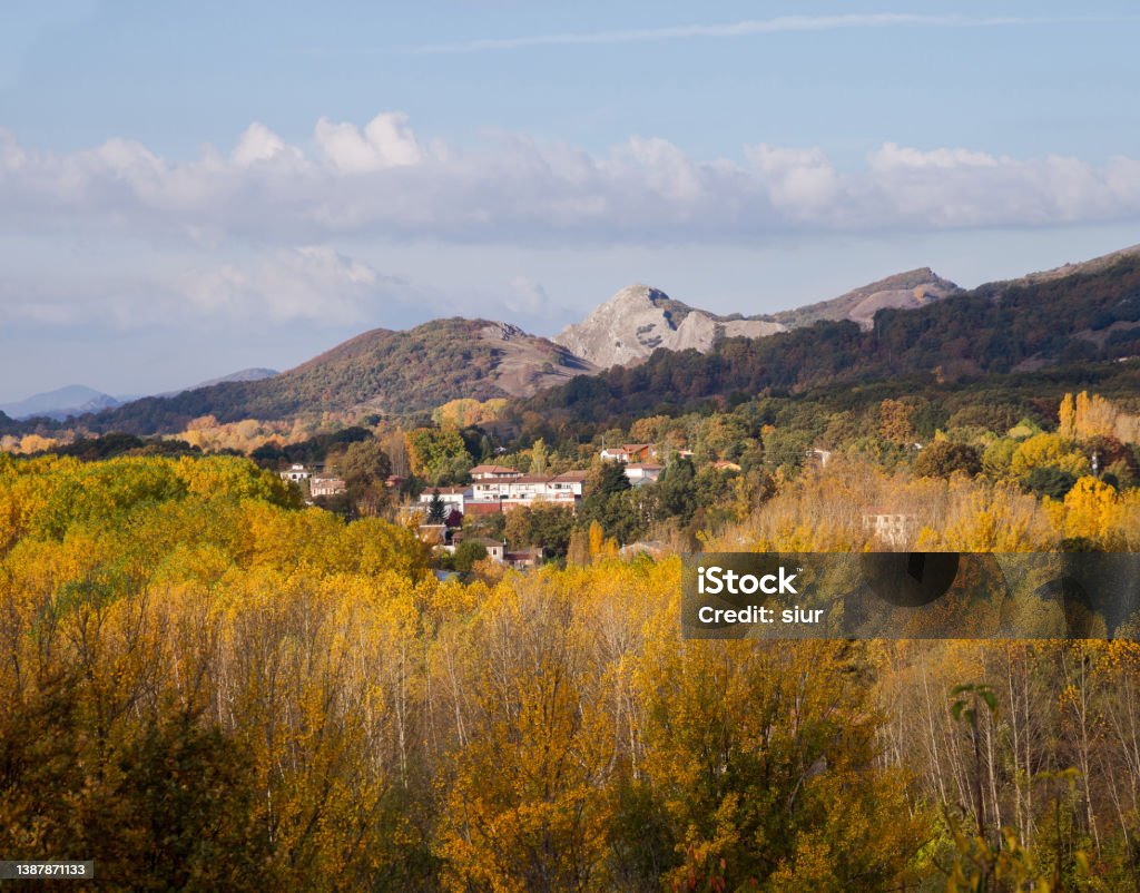 Mountain village surrounded by autumnal vegetation - Mountain village surrounded by autumn vegetation Landscape with mountain village surrounded by trees and autumnal forests Architecture Stock Photo