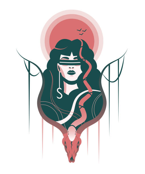 Stylized illustration of a woman with snakes framed by a animal skull at the background of the sun.