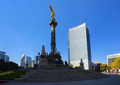 Mexico City, Mexico, December 14, 2016: Low angle view of the Monument to Independence (known as \