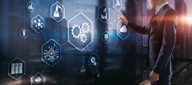 istock 3D Virtual screen dashboard with project management with icons of scheduling communication 1387875829