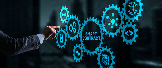 istock Smart contract. Modern Business technology. Businessman presses virtual button smart contract text on a touchscreen 1387876382