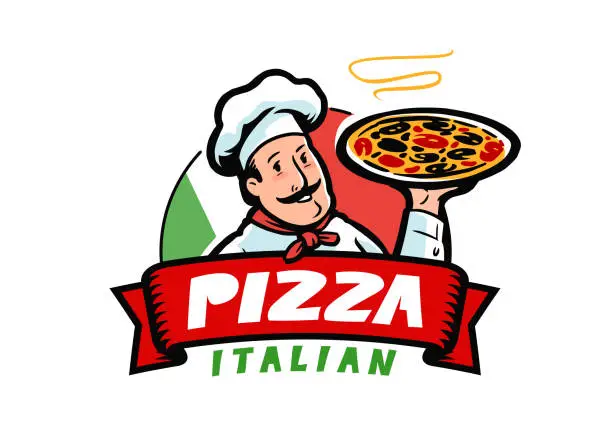 Vector illustration of Cartoon chef character with pizza. Italian food restaurant, restaurant emblem vector illustration