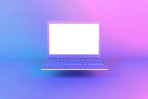 Laptop or notebook computer with white screen illuminated by bright gradient holographic lights of pink blue violet colors. Creative minimal office background. Pop art, conceptual art, 3D illustration.