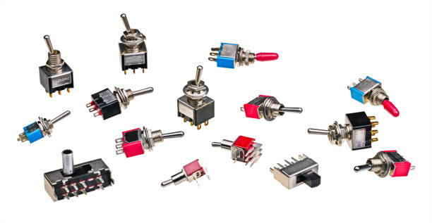 conjunto de diferentes tipos de interruptores de palanca eléctrica aislados sobre un fondo blanco - off balance fotografías e imágenes de stock