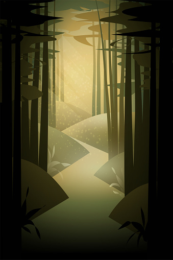 Illustration of a footpath through the mysterious forest under the sun rays breaking through the foliage of the trees.