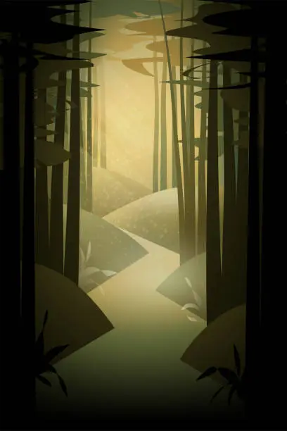 Vector illustration of Illustration of a footpath through the mysterious forest.