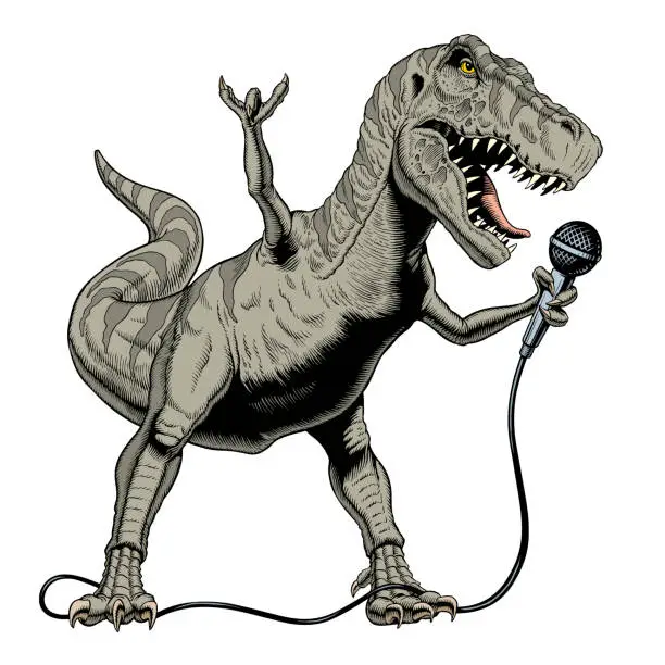 Vector illustration of Dinosaur rock singer holding microphone. Tyrannosaurus or T rex. Vector illustration.