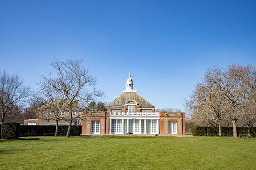 Mount Vernon, Virginia, April 10, 2021: The Greenhouse and Upper Garden at George Washington's Mount Vernon Estate.